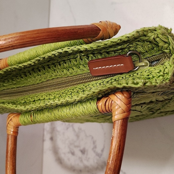 Fossil Straw Mini Satchel Bag Purse Green Double Handle Wood Zip Top - Picture 5 of 14